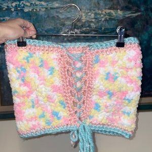 Handmade multicolor pastel soft plush strapless crop top with adjustable straps